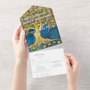 Elegant Rustic Gold Heart Leaf Tree Wedding All In One Invitation