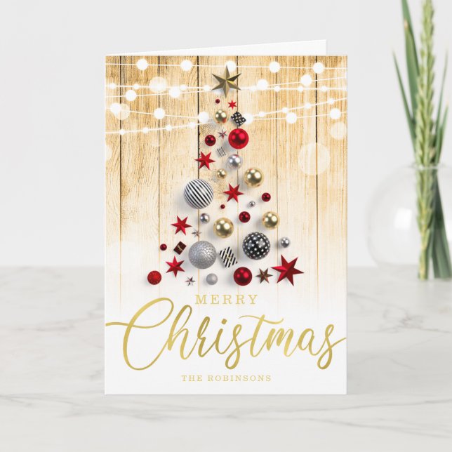 Elegant Rustic Gold Script Christmas Tree Holiday Card (Front)