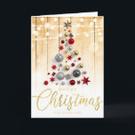 Elegant Rustic Gold Script Christmas Tree Holiday Card<br><div class="desc">Elegant Christmas card template with Gold Script & Red Bauble Tree. Also great for corporate businesses! Fully customizable!</div>