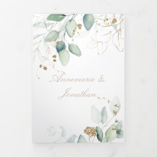 Elegant Rustic Green & Gold Eucalyptus Wedding Tri-Fold Card