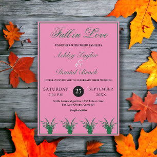 Elegant Rustic Green Grass Boho Pink Fall Wedding Invitation