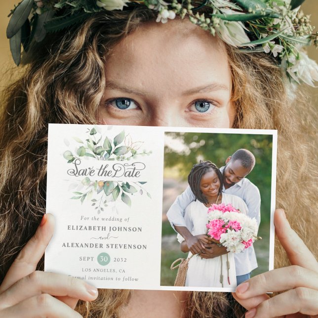 Elegant Rustic greenery eucalyptus wedding photo Save The Date (Creator Uploaded)