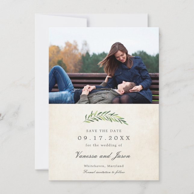 Elegant Rustic Greenery Photo Save the Date Invitation (Front)