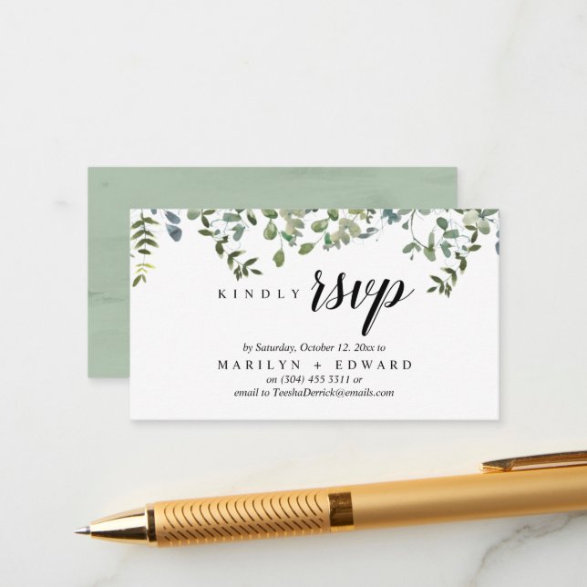 Elegant Rustic Greenery, RSVP Reminder Enclosure Card (Front/Back In Situ)