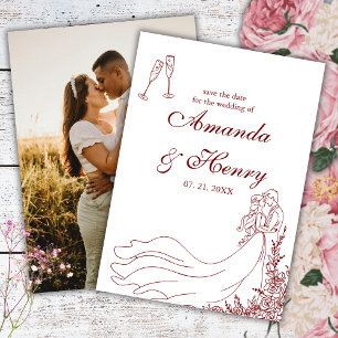 Elegant Rustic Hand Drawn Couple Burgundy Photo Save The Date