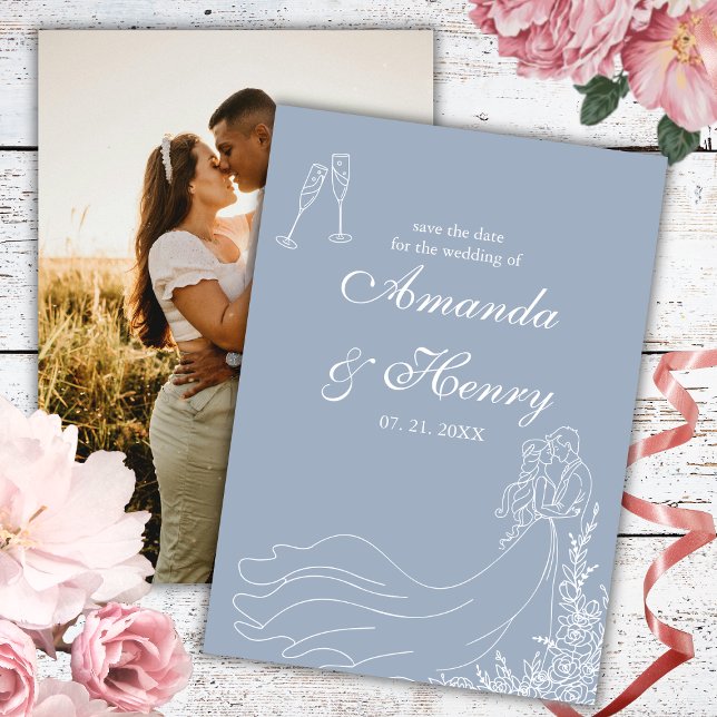 Elegant Rustic Hand Drawn Couple Dusty Blue Photo  Save The Date (Creator Uploaded)