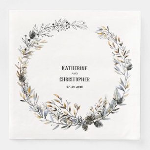 Elegant Rustic Hand Drawn Winter Wreath Pine Cones Napkin