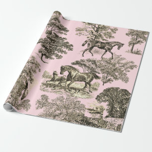 Elegant Rustic Horses Pink Beige Toile Seamless Wrapping Paper
