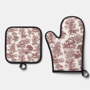 Elegant Rustic Horses Red White Toile Oven Mitt & Pot Holder Set