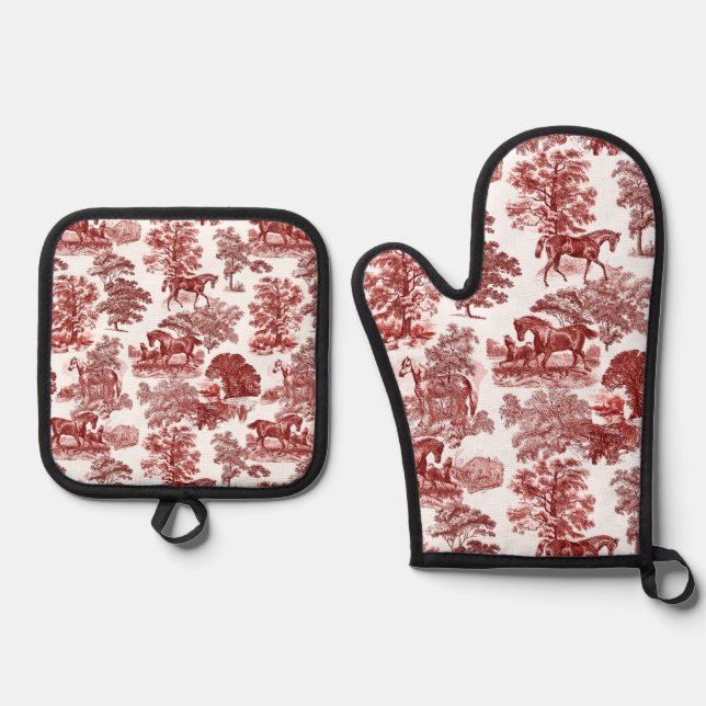 Elegant Rustic Horses Red White Toile   Oven Mitt & Pot Holder Set (Front)