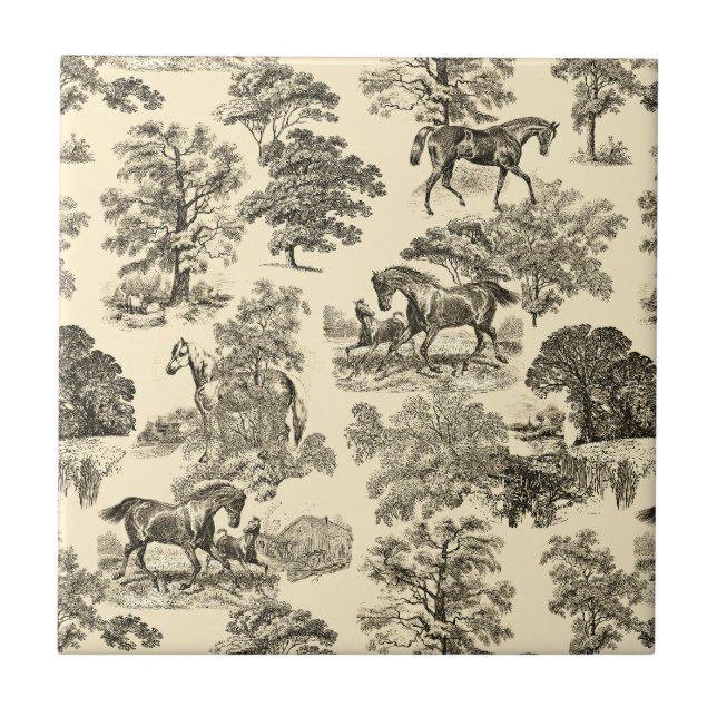 Elegant Rustic Horses Trees Beige Tan Toile  Ceramic Tile (Front)