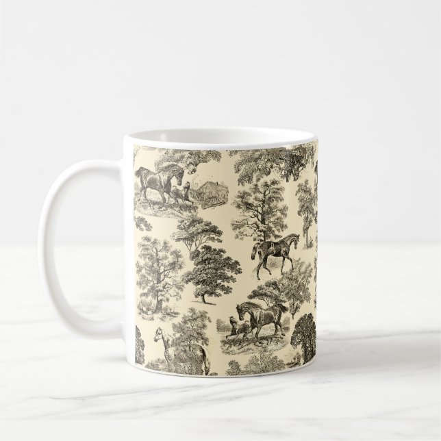 Elegant Rustic Horses Trees Beige Tan Toile  Coffee Mug (Left)