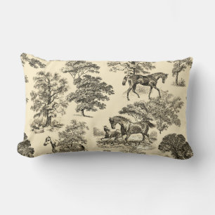 Elegant Rustic Horses Trees Beige Tan Toile  Lumbar Cushion