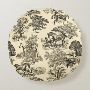 Elegant Rustic Horses Trees Beige Tan Toile  Round Cushion