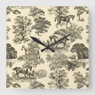 Elegant Rustic Horses Trees Beige Tan Toile  Square Wall Clock