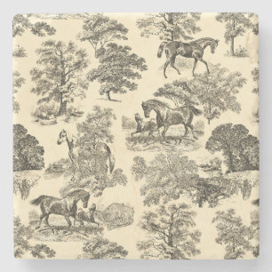 Elegant Rustic Horses Trees Beige Tan Toile  Stone Coaster