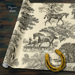 Elegant Rustic Horses Trees Beige Toile Seamless Wrapping Paper