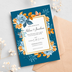 Elegant Rustic Indigo Rust Floral Boho Wedding Invitation