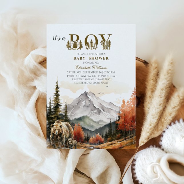 Elegant Rustic It’s a Boy Mountain Bear Baby Sho Invitation (Creator Uploaded)