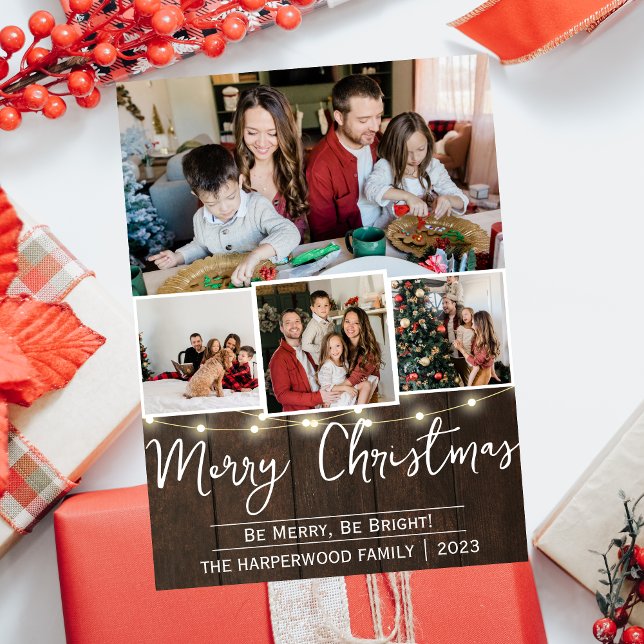 Elegant Rustic joy Christmas Family Photo Collage Holiday Card (Creator Uploaded)