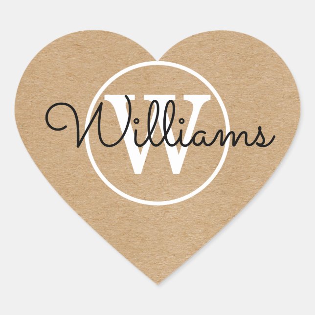Elegant Rustic Kraft Monogram Name Heart Sticker (Front)