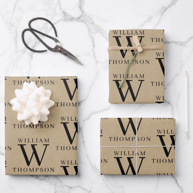 Elegant Rustic Kraft Monogrammed Name Wrapping Paper Sheet (Front)