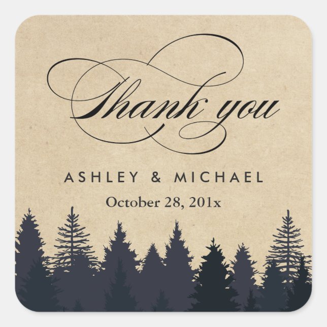 Elegant Rustic Kraft Pine Trees Thank You Favour Square Sticker (Front)