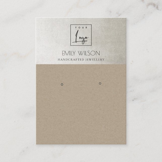 ELEGANT RUSTIC KRAFT SILVER LOGO EARRING DISPLAY BUSINESS CARD (Front)