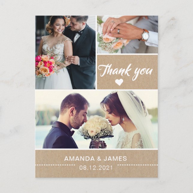 Elegant Rustic Kraft  | Wedding Photo Thank You Postcard (Front)