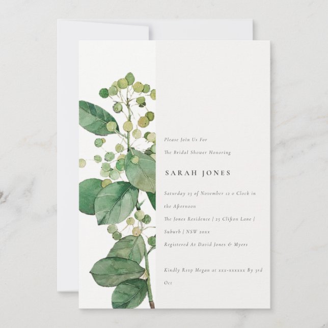 Elegant Rustic Leaf Foliage Greenery Bridal Shower Invitation (Front)