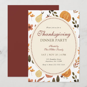 Elegant Rustic Leaves Pumpkin Thanksgiving Dinner Invitation
