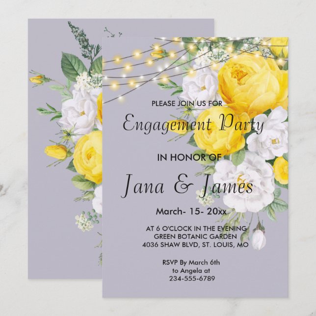 Elegant Rustic lights Yellow Floral   Engagement  Invitation (Front/Back)
