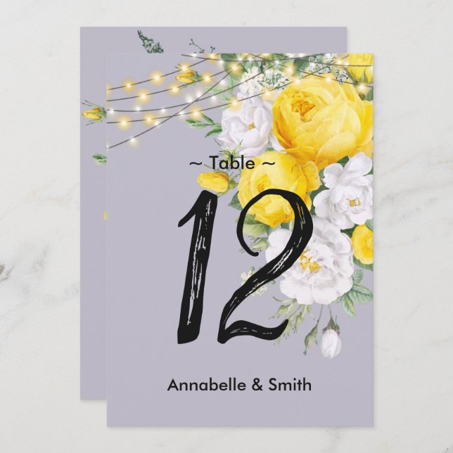 Elegant Rustic lights Yellow Floral  table number (Front/Back)