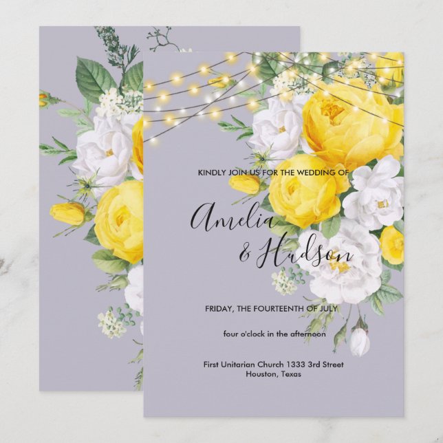 Elegant Rustic lights Yellow Floral wedding Invitation (Front/Back)