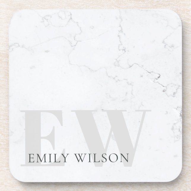 Elegant Rustic Marble Stone Ivory Grey Monogram Coaster (Front)