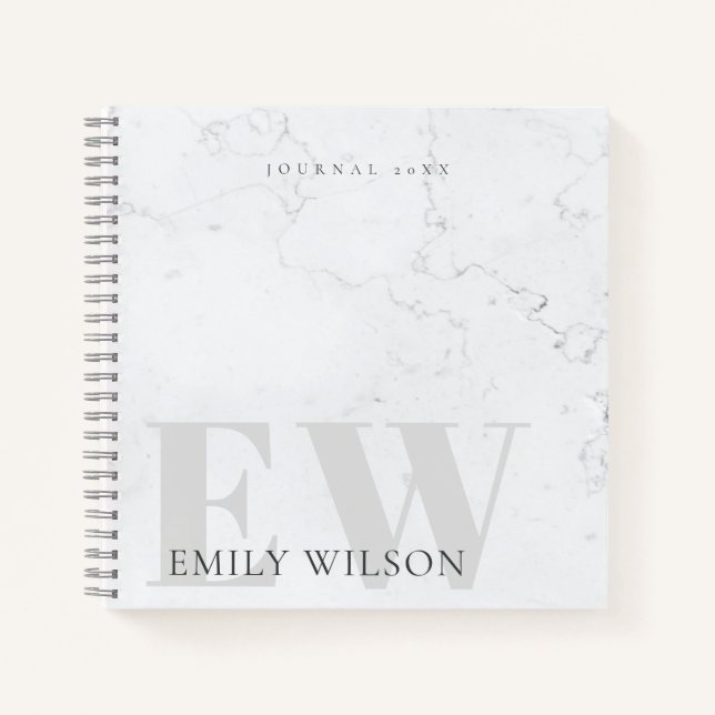 Elegant Rustic Marble Stone Ivory Grey Monogram Notebook (Front)