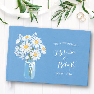 Elegant Rustic Mason Jar Daisies Wedding Blue Guest Book