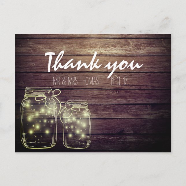 Elegant Rustic Mason Jar Lights Thank You Postcard (Front)