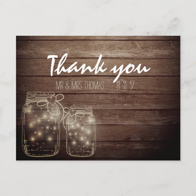 Elegant Rustic Mason Jar Lights Thank You Postcard (Front)