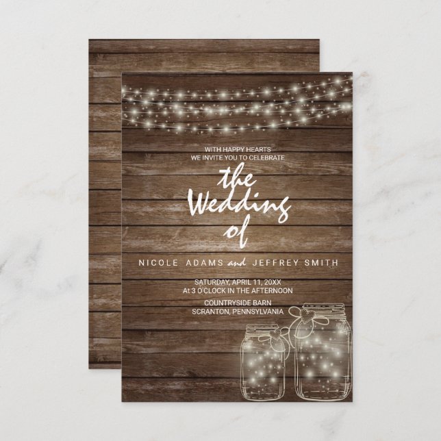 Elegant Rustic Mason Jar Lights Wedding Card (Front/Back)