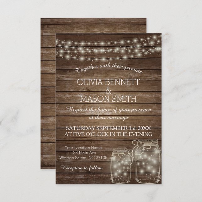 Elegant Rustic Mason Jar Lights Wedding Card (Front/Back)