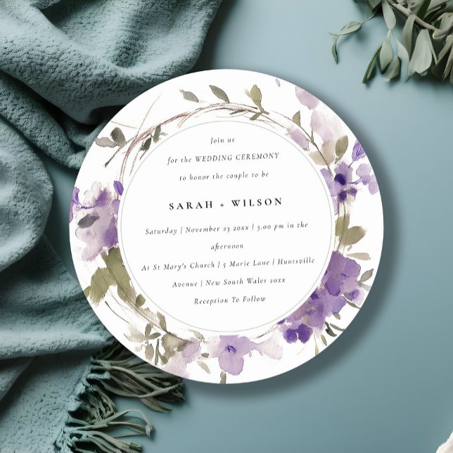 Elegant Rustic Meadow Lilac Floral Wreath Wedding Invitation (Creator Uploaded)