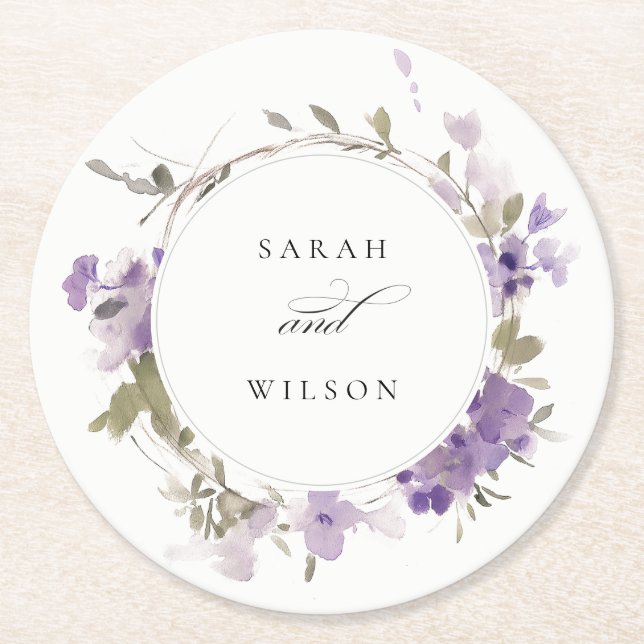 Elegant Rustic Meadow Lilac Floral Wreath Wedding Round Paper Coaster (Front)