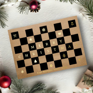 Elegant Rustic Merry Christmas Checkerboard Foil Holiday Postcard