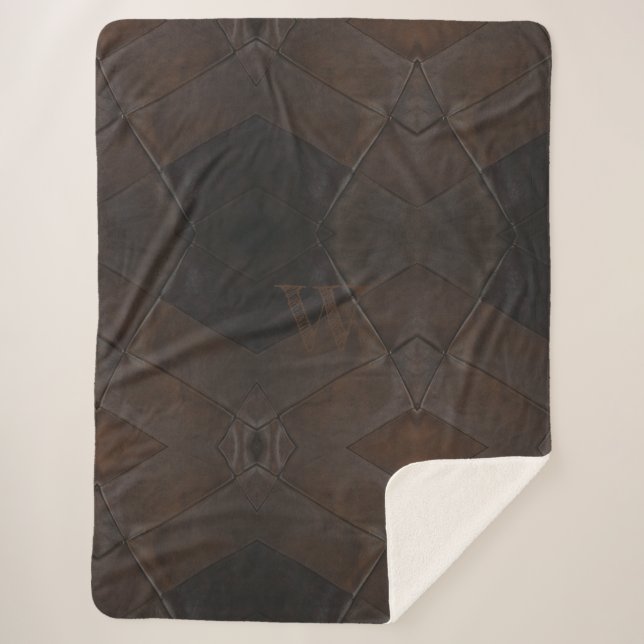 Elegant Rustic Monogrammed Brown Leather Sherpa Blanket (Front)