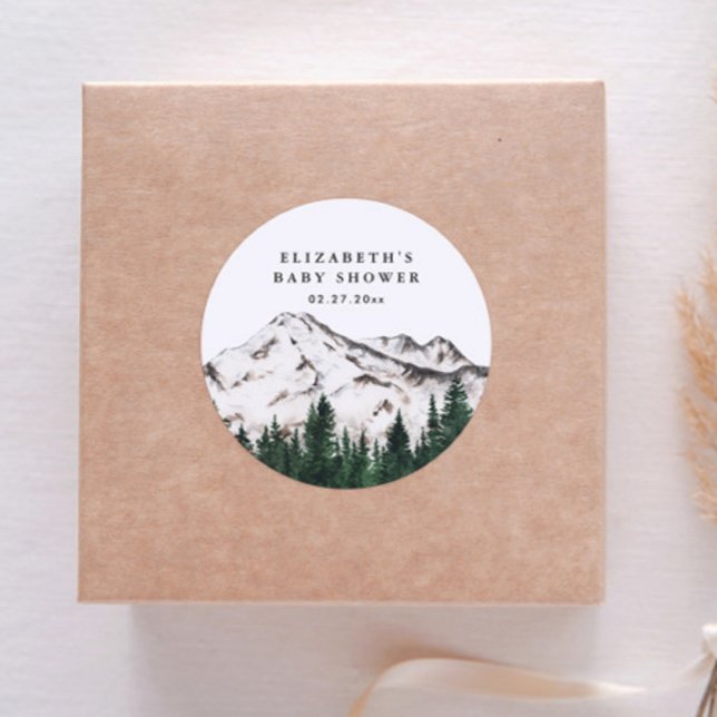 Elegant Rustic Mountains Baby Shower Classic Round Sticker (Creator Uploaded)