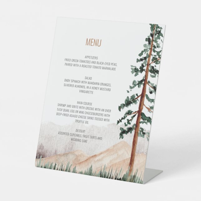 Elegant Rustic Mountains Trees Landscape Menu Invi Pedestal Sign (Front)
