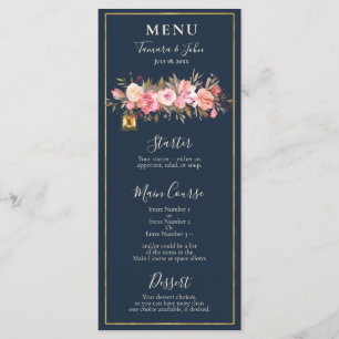 Elegant Rustic Navy Blue Coral Lights Reception Menu