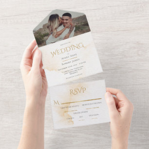Elegant Rustic Neutral Watercolor Photo Wedding All In One Invitation