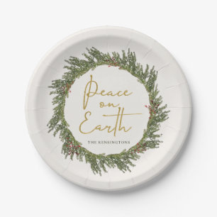 Elegant Rustic Peace on Earth Christmas Wreath Paper Plate